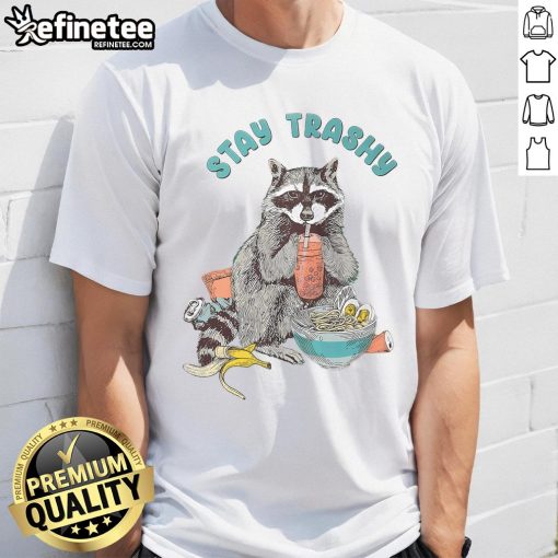Alt Text: Nice Stay Trashy Raccoon Milk Tea Ramen T-Shirt featuring a playful raccoon graphic and vibrant colors.