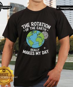 Earth Day T-shirt featuring a playful design of the Earth's rotation, perfect for celebrating nature and sustainability.