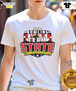 Alt Text: Official 2025 NJSIAA Bowling Team State Championships logo t-shirt featuring vibrant graphics and team spirit design.