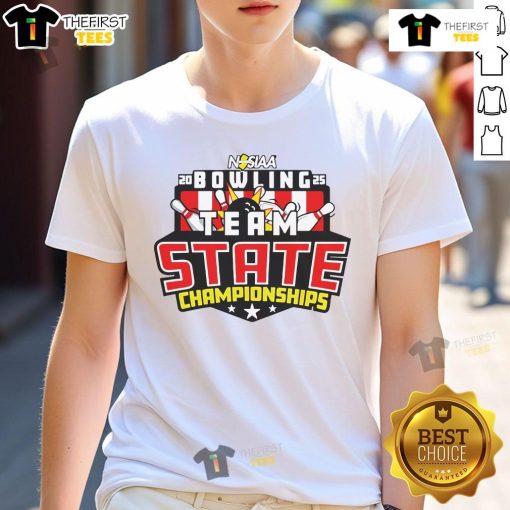 Alt Text: Official 2025 NJSIAA Bowling Team State Championships logo t-shirt featuring vibrant graphics and team spirit design.