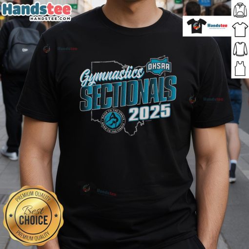 Alt Text: Official 2025 OHSAA Gymnastics Sectionals T-Shirt featuring vibrant design and event logo for athletes and fans.