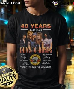 Official Guns N' Roses 40 Years T-Shirt 1985-2025, celebrating the band's legacy with a nostalgic design. Thank You for the Memories.