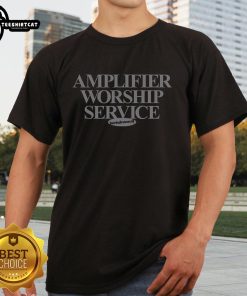Official Amplifier Worship Service Borisdronevil T-Shirt featuring bold logo design and vibrant colors for music fans.