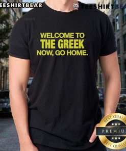 Official Bleachers 'Welcome to the Greek, Now Go Home' T-Shirt featuring bold graphics and vibrant colors.
