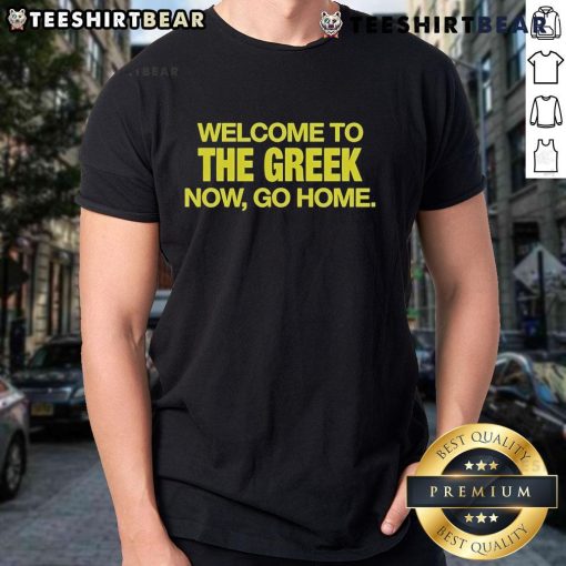 Official Bleachers 'Welcome to the Greek, Now Go Home' T-Shirt featuring bold graphics and vibrant colors.