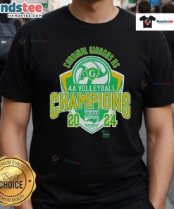 Alt Text: Official Cardinal Gibbons HS 4A Volleyball Champions NCHSAA 2024 T-Shirt celebrating the team's championship victory.