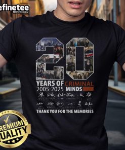 Alt Text: Official Criminal Minds 20 Years T-Shirt 2005-2025 celebrating the show's legacy and memories with a stylish design.