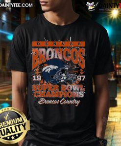 Official Denver Broncos Super Bowl XXXII Champions T-Shirt featuring team logo and championship graphics.