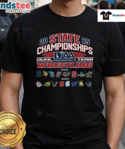 Alt Text: Official Diaa Wrestling Dual Team State Championships T-Shirt featuring team logo and event details.