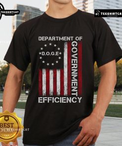 Official Doge Doge Department of Government Efficiency flag t-shirt featuring vibrant colors and a playful design.