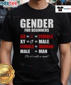 Alt Text: Official Gender For Beginners t-shirt featuring Xx Female and Xy Male designs, perfect for casual wear.