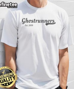 Official Ghostrunners Est 2019 T-Shirt featuring a bold logo and stylish design for fans and runners alike.