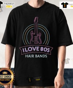 Official I Love 80s Hair Bands T-Shirt featuring colorful rock glam design for party enthusiasts and music lovers.