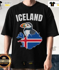 Official Iceland Map T-Shirt featuring a Puffin Bird and Reykjavk skyline, perfect for Iceland lovers and travelers.
