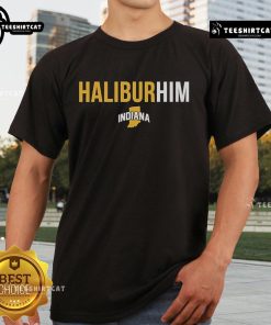 Alt Text: Official Indiana Pacers Tyrese Haliburton T-Shirt featuring team colors and logo, perfect for fans.