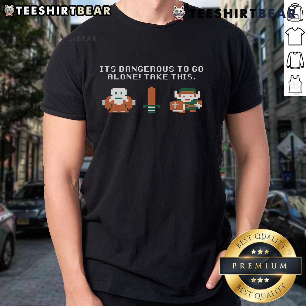 Official It's Dangerous To Go Alone Take This The Legend Of Zelda 8bit Retro T-Shirt Official It's Dangerous To Go Alone Take This The Legend Of Zelda 8Bit Retro T-Shirt featuring iconic 8-bit graphics.