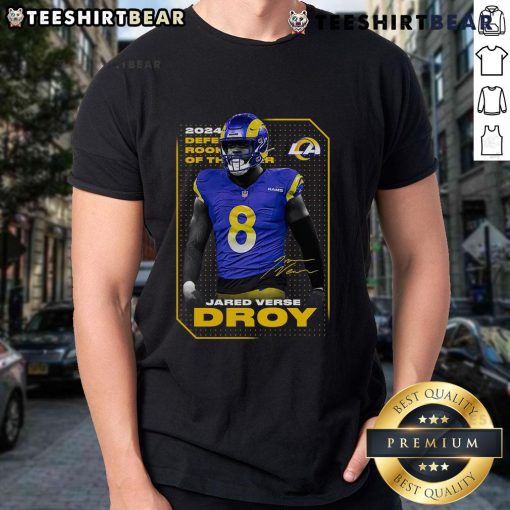 Official Jared Verse Black Los Angeles Rams 2024 NFL Defensive Rookie of the Year T-Shirt for fans and collectors.