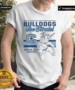 Official Marching Bulldog Citadel Bulldogs retro logo mascot T-shirt displayed on a mannequin against a white background.