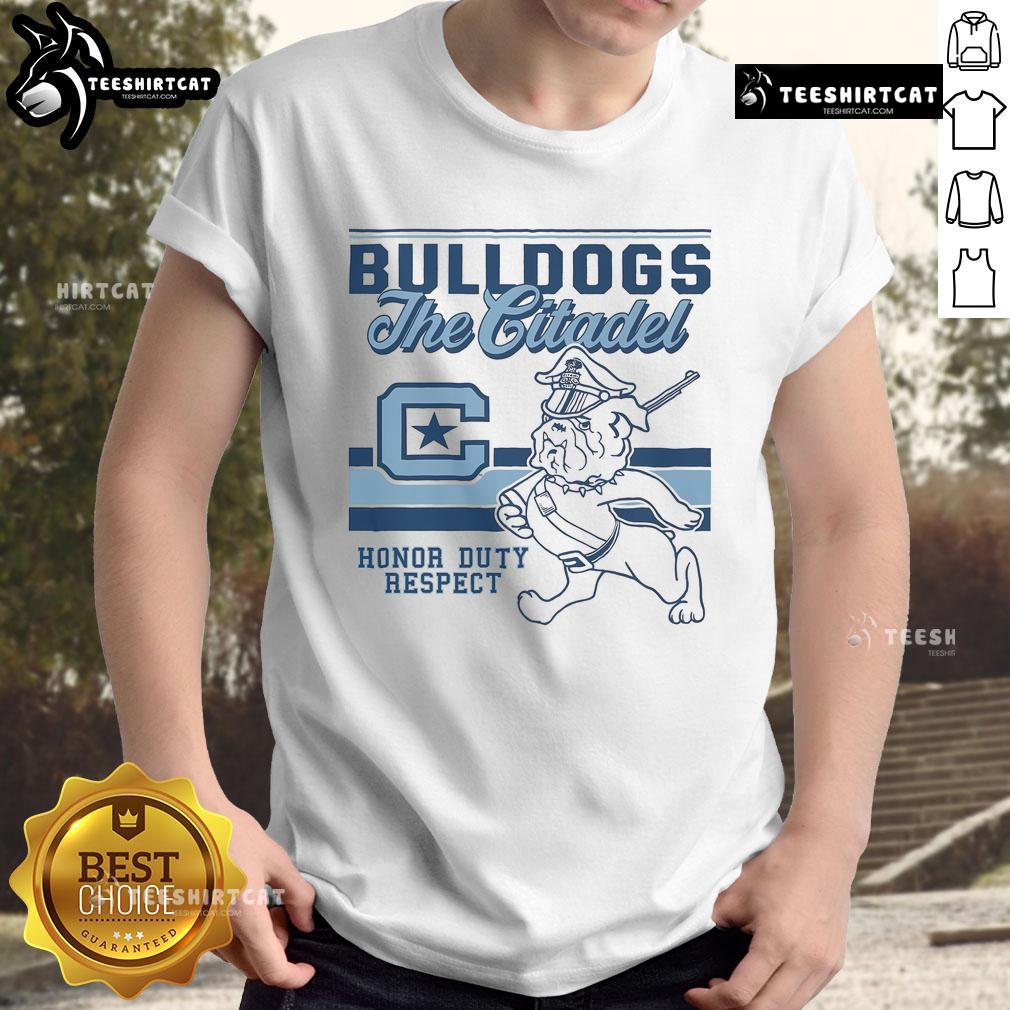 Official Marching Bulldog Citadel Bulldogs Retro Logo Mascot T Shirt Official Marching Bulldog Citadel Bulldogs retro logo mascot T-shirt displayed on a mannequin against a white background.