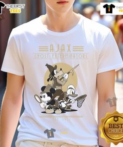 Official Mickey Mouse Ajax Ghost Exterminators T-Shirt, est. 1937, featuring classic cartoon design and vibrant colors.