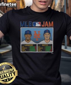 Official MLB Jam Mets Lindor and Soto T-shirt featuring vibrant graphics of MLB stars for baseball fans.