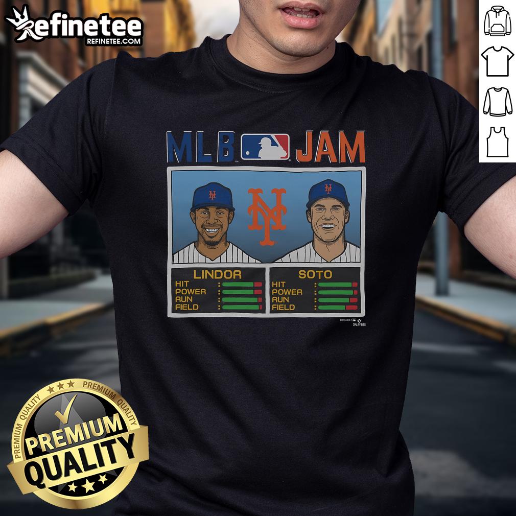 Official Mlb Jam Mets Lindor And Soto T Shirt Official MLB Jam Mets Lindor and Soto T-shirt featuring vibrant graphics of MLB stars for baseball fans.