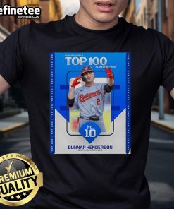 Alt Text: Gunnar Henderson Baltimore Orioles T-shirt featuring MLB Network's Top 100 Players of 2025 No. 10 poster design.