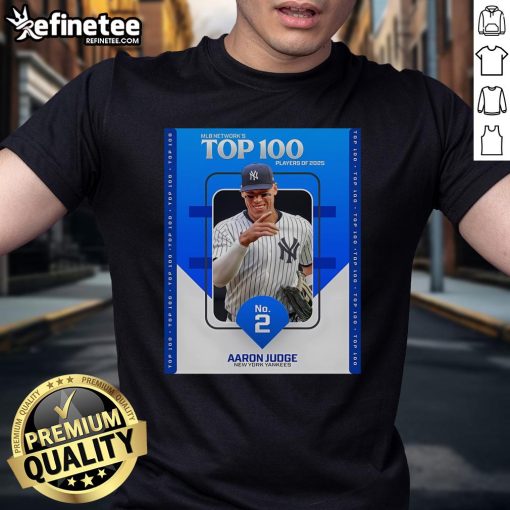 Official MLB Network's Top 100 Players of 2025 poster featuring No. 2 Aaron Judge in New York Yankees T-shirt.
