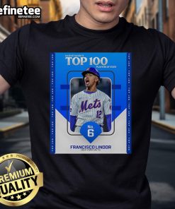 Francisco Lindor New York Mets T-shirt featuring MLB Network's Top 100 Players of 2025 poster design, ranked No. 6.