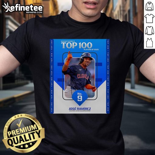 Jos Ramrez Cleveland Guardians poster T-shirt from MLB Networks Top 100 Players of 2025, showcasing player No. 9.