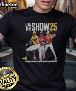 Official MLB The Show 25 Cover T-Shirt featuring vibrant graphics and team logos, perfect for baseball fans.