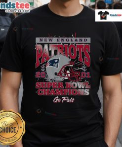 Official New England Patriots Super Bowl XXXVI Champions T-Shirt featuring team logo and championship graphics.