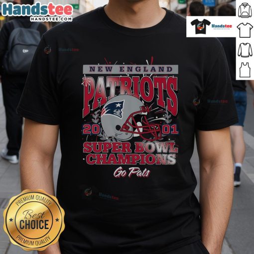 Official New England Patriots Super Bowl XXXVI Champions T-Shirt featuring team logo and championship graphics.