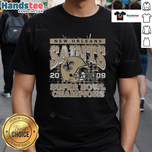 Alt Text: Official New Orleans Saints Super Bowl XLIV Champions T-Shirt featuring team logo and championship graphics.
