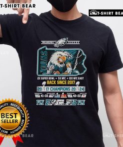 Alt Text: Official Philadelphia Eagles Super Bowl Champions 2024 Fly Eagles Fly T-Shirt celebrating the team's victory since 2017.