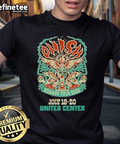 Official Phish Summer Tour 2025 t-shirt featuring July 18-20 dates at United Center, vibrant design and tour details.