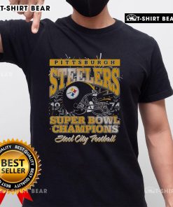Alt Text: Official Pittsburgh Steelers Super Bowl IX Champions T-Shirt featuring iconic team logo and championship graphics.