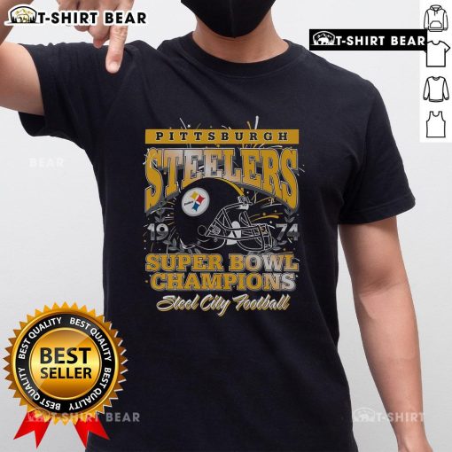 Alt Text: Official Pittsburgh Steelers Super Bowl IX Champions T-Shirt featuring iconic team logo and championship graphics.