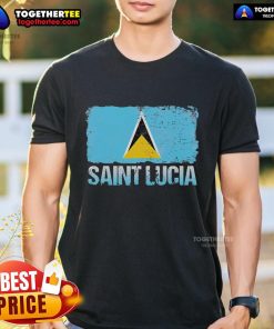 Official Saint Lucia Flag T-Shirt featuring vibrant blue, yellow, and black colors, perfect for showcasing island pride.