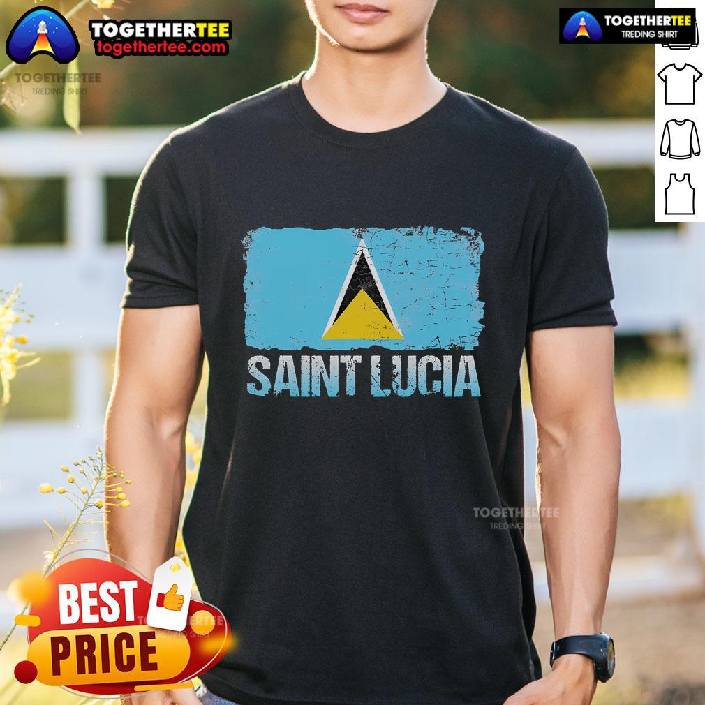 Official Saint Lucia Flag T Shirt Official Saint Lucia Flag T-Shirt featuring vibrant blue, yellow, and black colors, perfect for showcasing island pride.