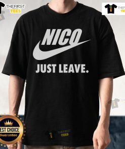 Official Samuel Vela Nico Just Leave T-Shirt featuring bold text design on a stylish black background.