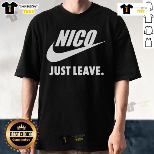 Official Samuel Vela Nico Just Leave T-Shirt featuring bold text design on a stylish black background.