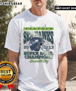 Alt Text: Official Seattle Seahawks Super Bowl XLVIII Champions T-Shirt featuring team logo and championship graphics.