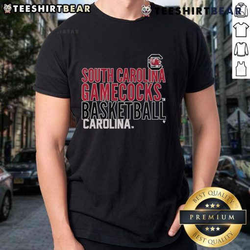 Official South Carolina Gamecocks basketball t-shirt featuring Carolina text logo overlay on a stylish design.