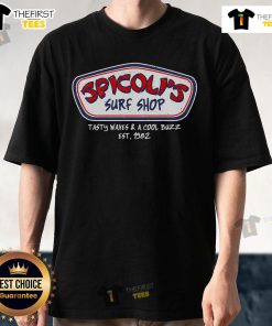 Official Spicoli's Surf Shop Tasty Waves & A Cool Buzz Est 1982 T-Shirt featuring vibrant surf-inspired graphics.