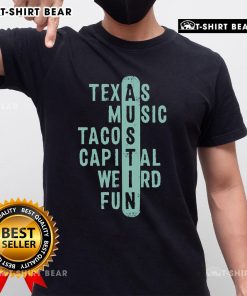 Alt Text: Official Texas Music Tacos Capital Weird Fun Austin Crossword T-Shirt featuring colorful designs and playful text.