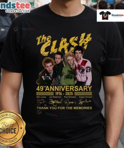 Alt Text: Official The Clash 49th Anniversary 1976-2025 T-Shirt celebrating the band's legacy with a heartfelt thank you message.
