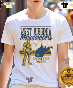Alt Text: West Virginia Mountaineers retro logo mascot t-shirt featuring bold colors and classic design for fans.