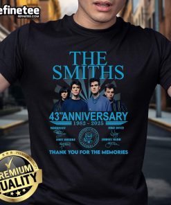 Alt Text: Official The Smiths 43rd Anniversary 1982-2025 T-Shirt celebrating the band's legacy with 'Thank You For The Memories' design.