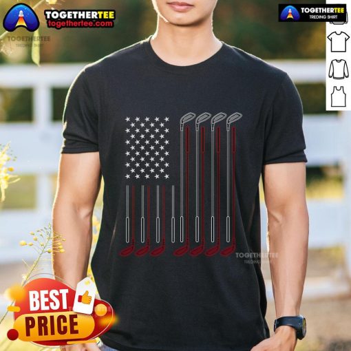 Golfer wearing an American pride golf T-shirt with the official US flag on a scenic golf course.